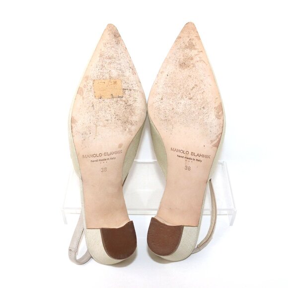 Manolo Blahnik 38 Golpeso Natural Linen & Suede Slingback Kitten Heel Mules - Picture 9 of 12